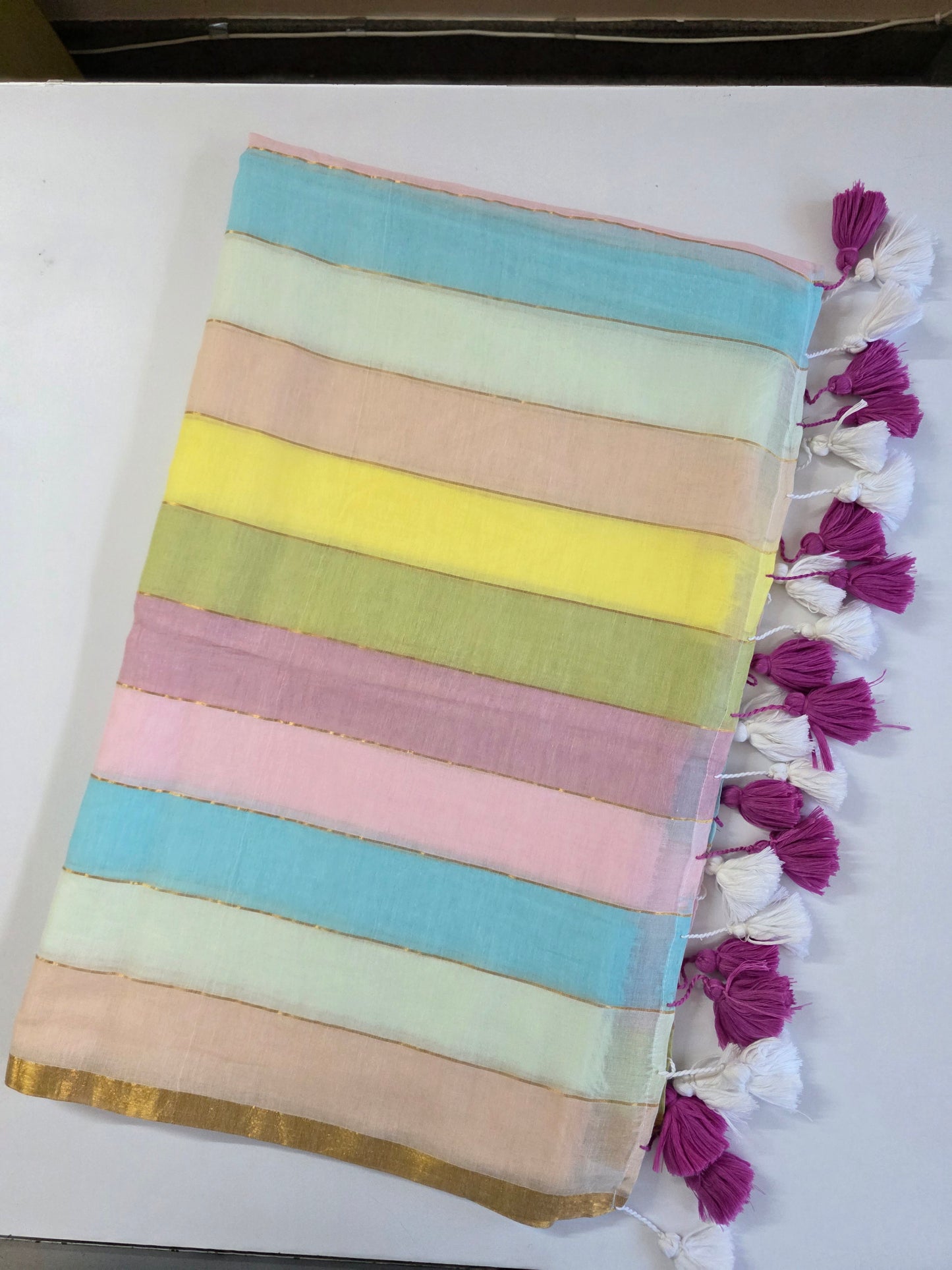 Pink Yellow Multicolour Mulmul Saree