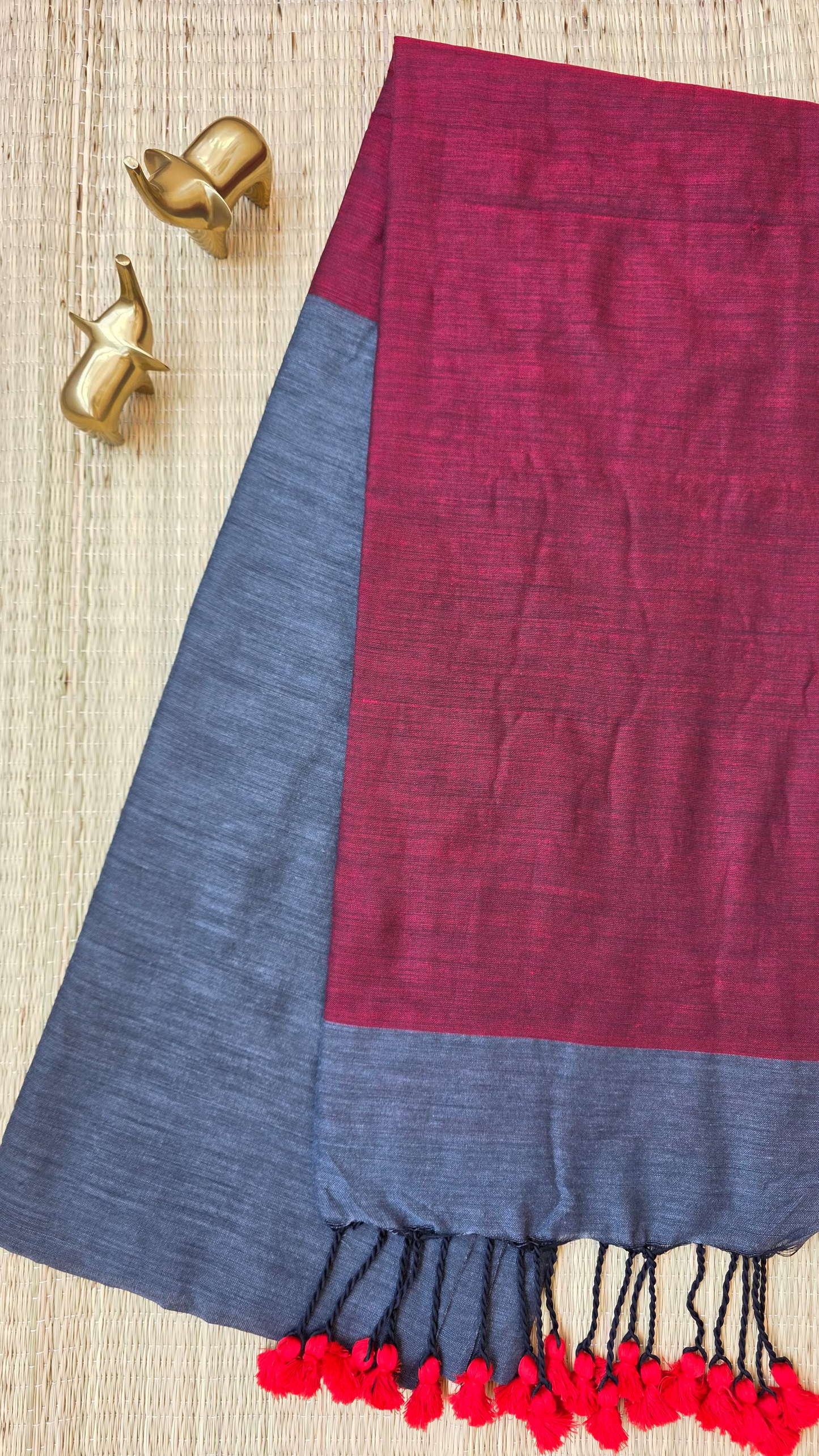 Grey & Maroon Khadi Cotton Saree
