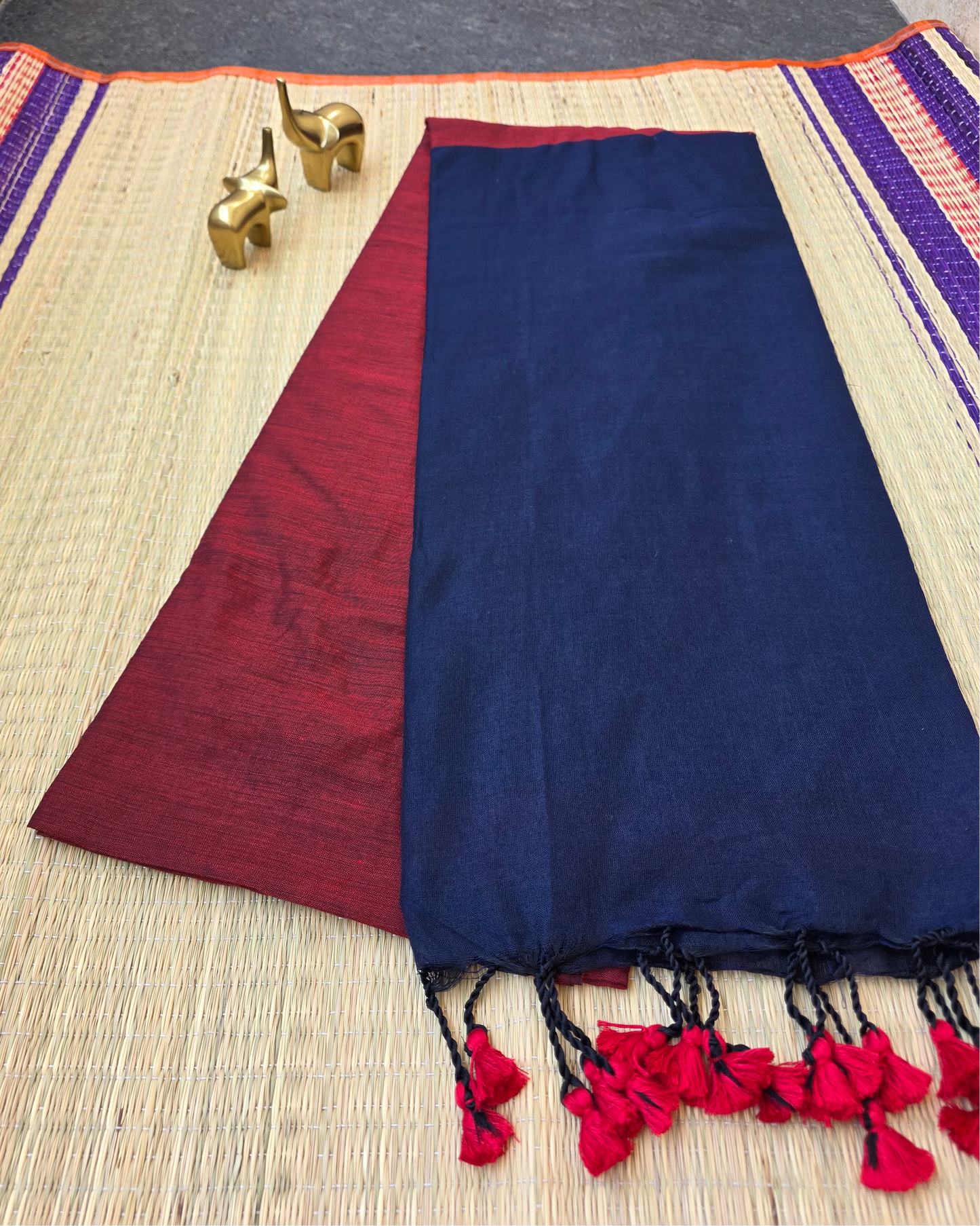 Maroon - Blue Khadi Cotton Saree