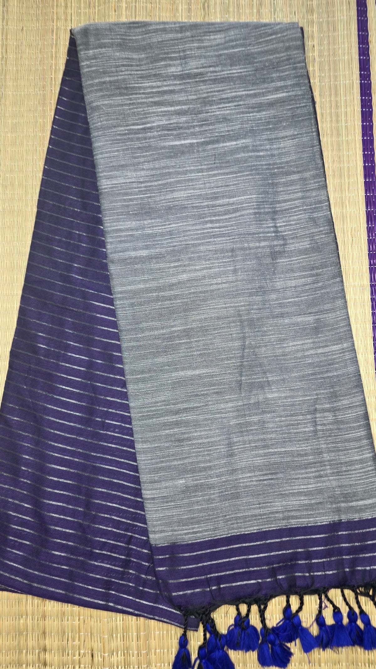 Purple Khadi Cotton Saree with Silver Zari Stripes and Grey Pallu
