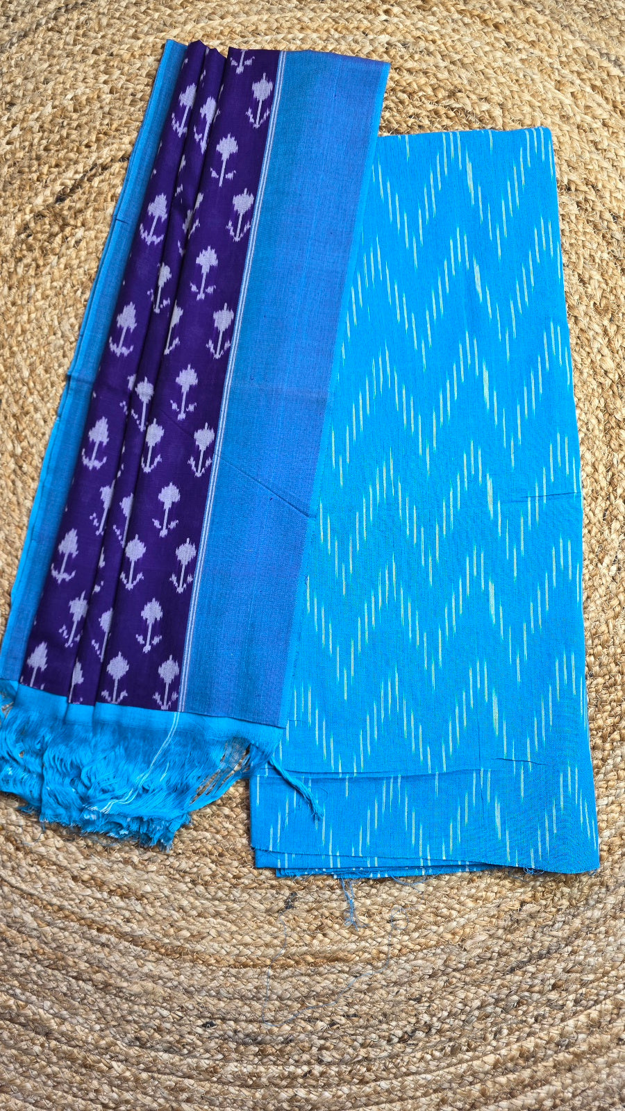 Turquoise Blue & Purple Handloom Ikat Cotton Dress Material (2 Piece)