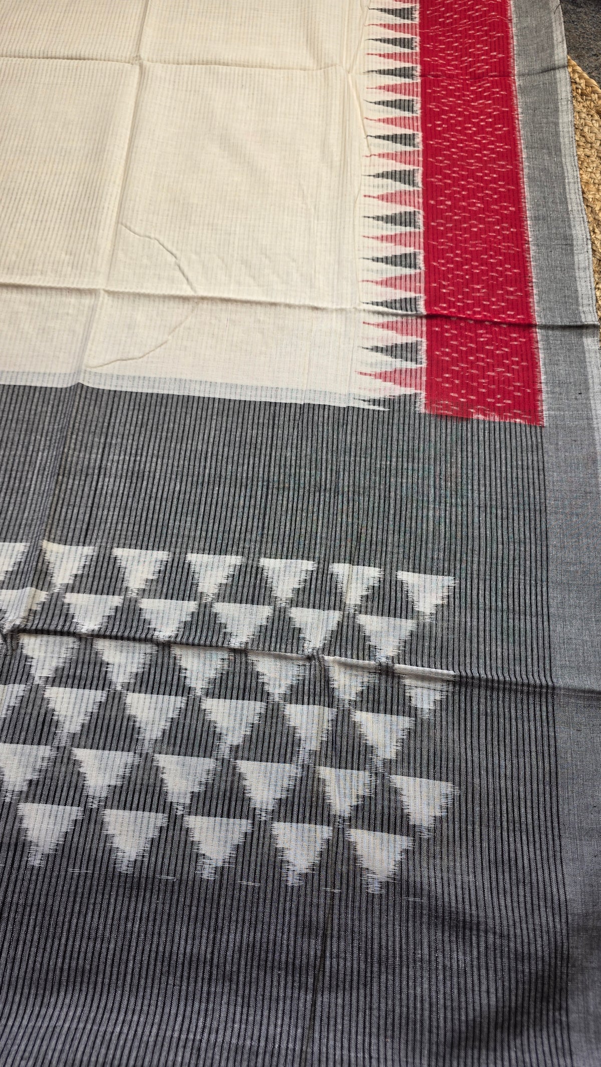Grey & Red Temple Border Handloom Ikat Cotton Dress Material (2 Piece)