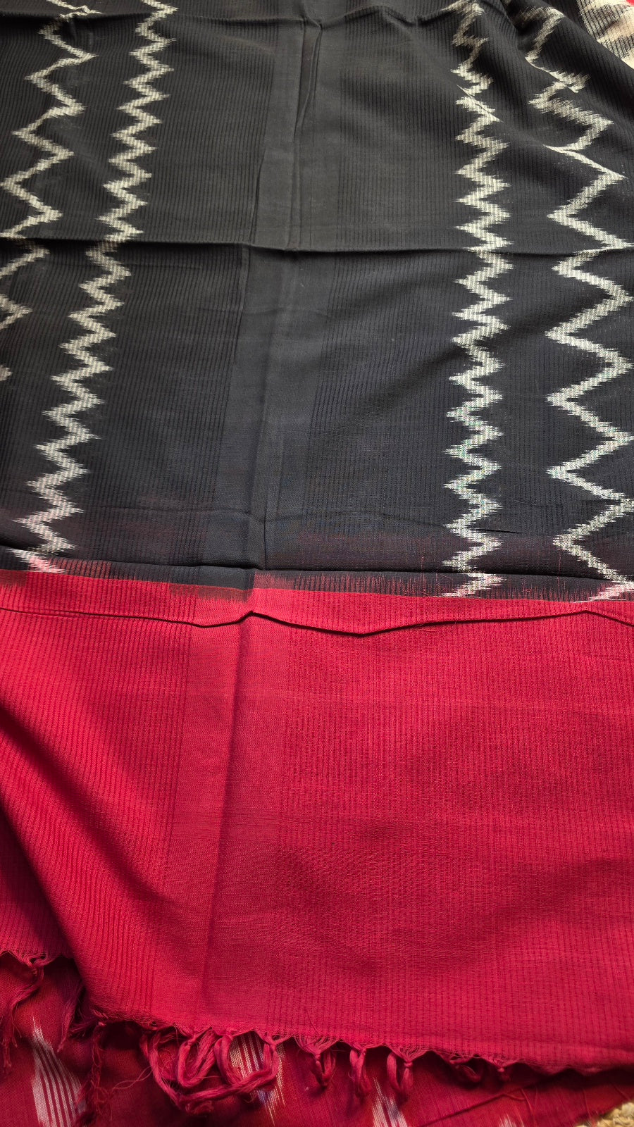 Red & Black Zigzag Handloom Ikat Cotton Dress Material (2 Piece)