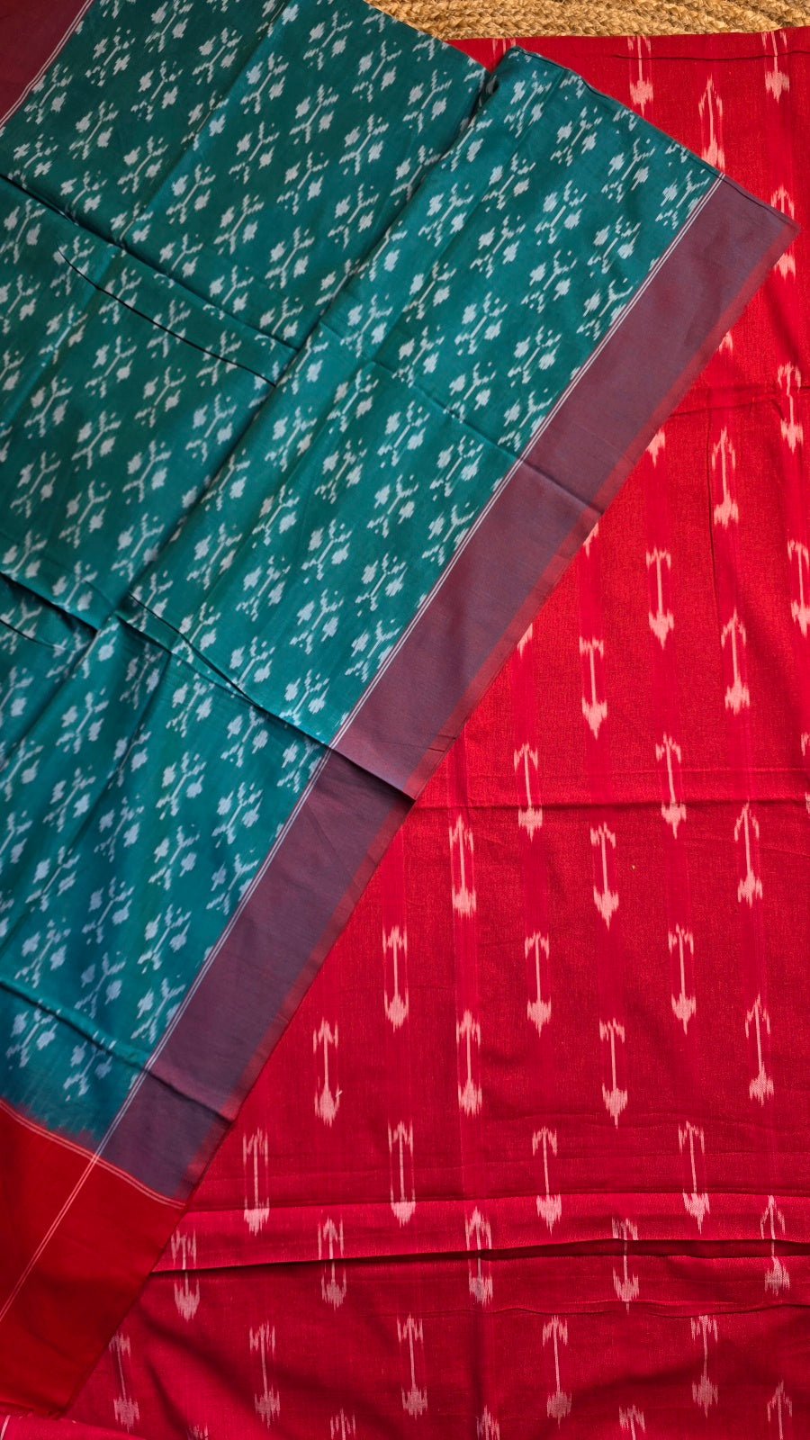 Red Butta & Teal Green Handloom Ikat Cotton Dress Material (2 Piece)