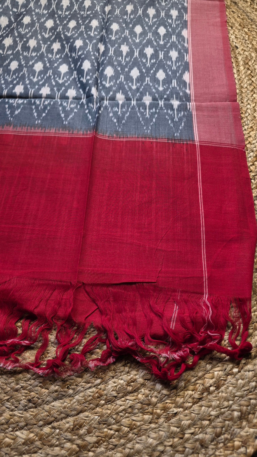 Red & Grey Handloom Ikat Cotton Dress Material (2 Piece)
