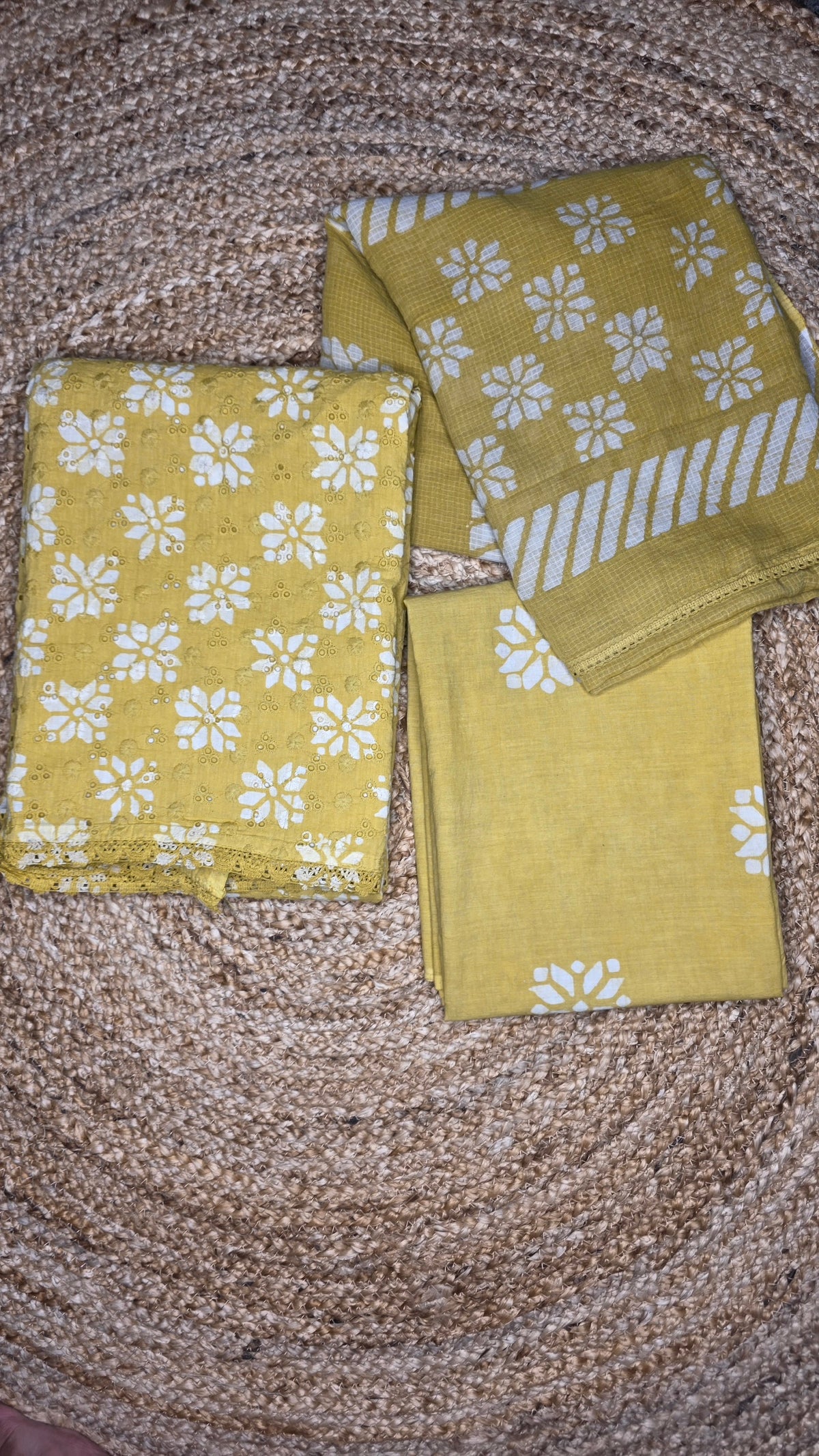 Mustard Yellow Hakoba Cotton Dress Material with Hand Block Print (3 Piece)