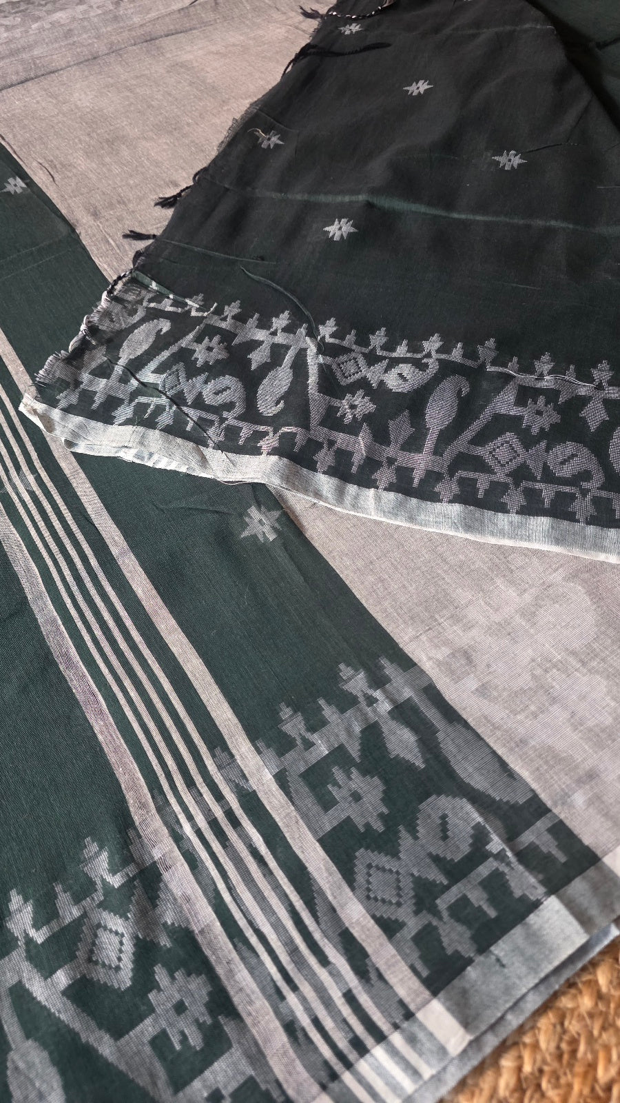Bottle Green & Grey Handloom Saree with Running Blouse