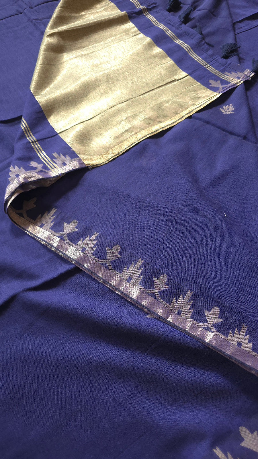 Soft Indigo Handloom Cotton Saree with Temple Border