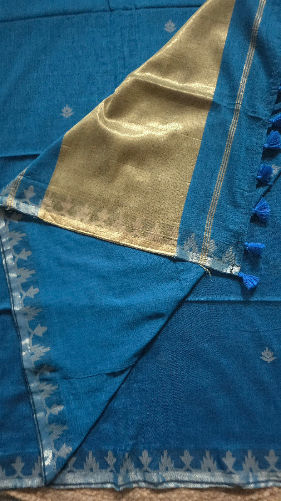 Peacock Blue Handloom Cotton Saree with Temple Border