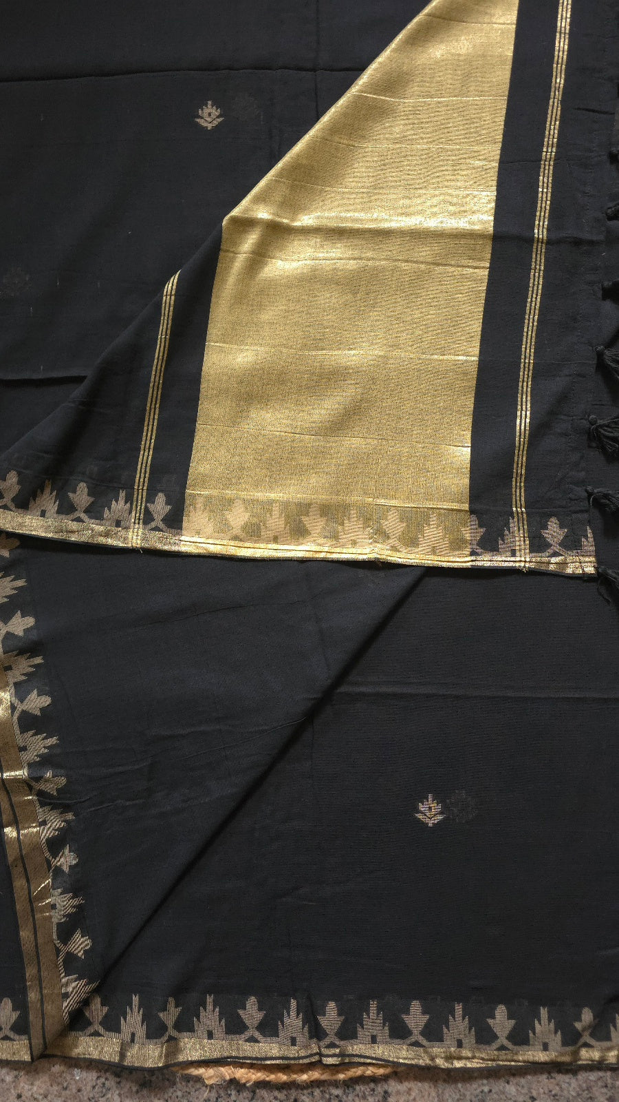 Black Handloom Cotton Saree with Temple Border
