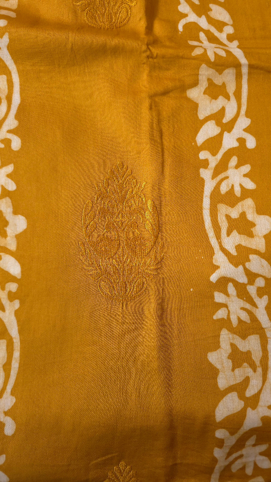 Mustard Hand Batik Handloom Cotton Dress Material with Embroidered Buttas (3 Piece)