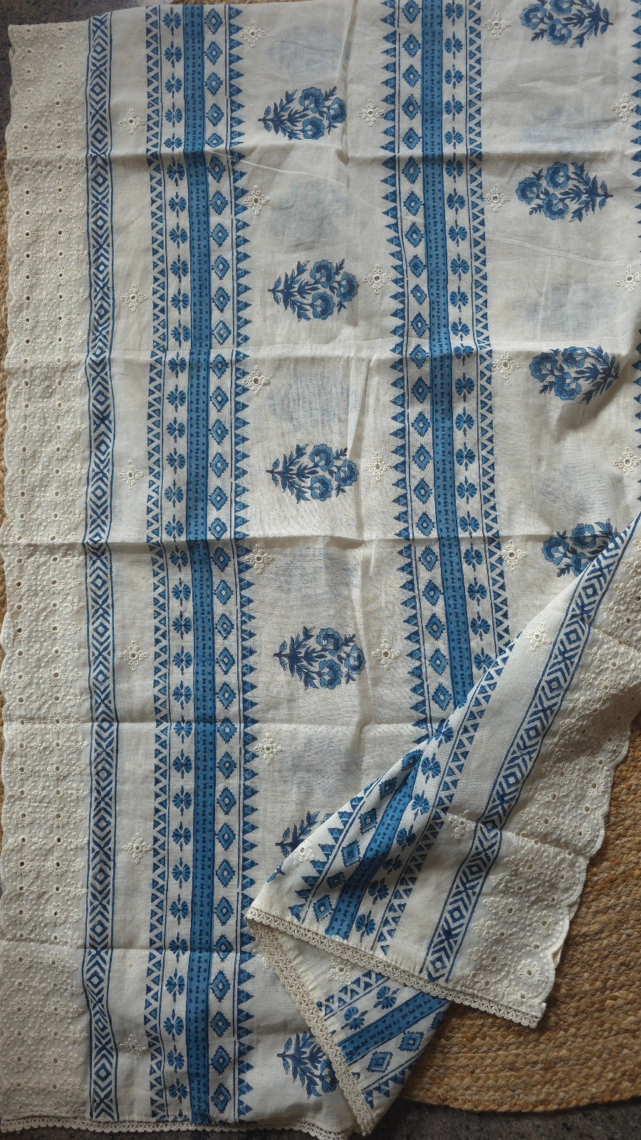 Indigo Blue Hand Block Print Cotton Dress Material with Mirror Work Yoke (3 Piece)