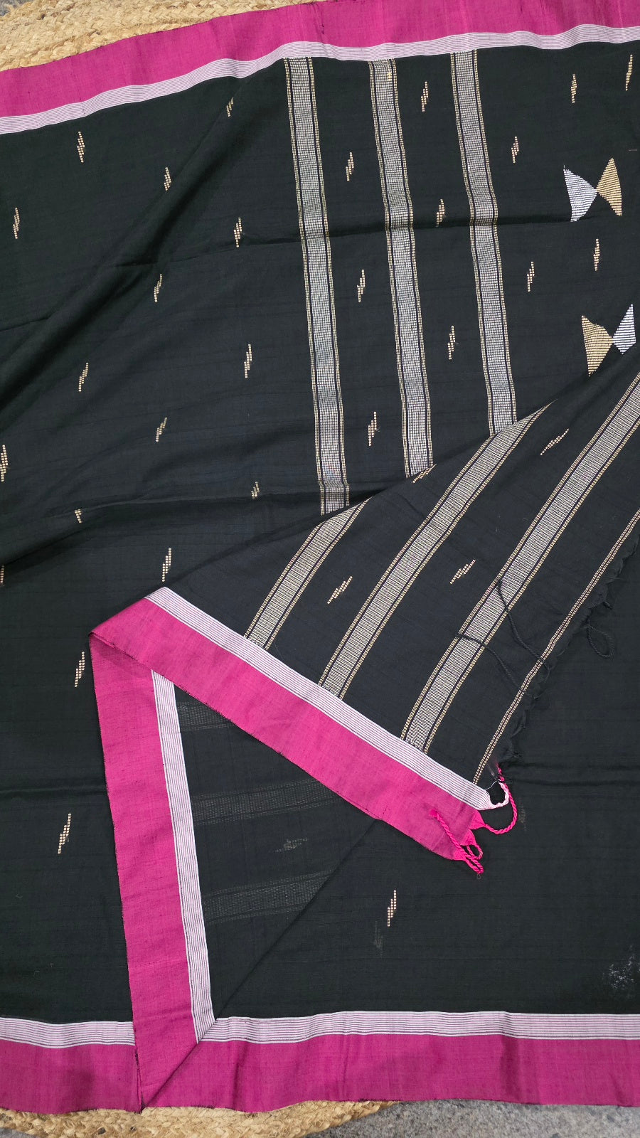 Black Handloom Viscose Cotton Saree with Pink Border