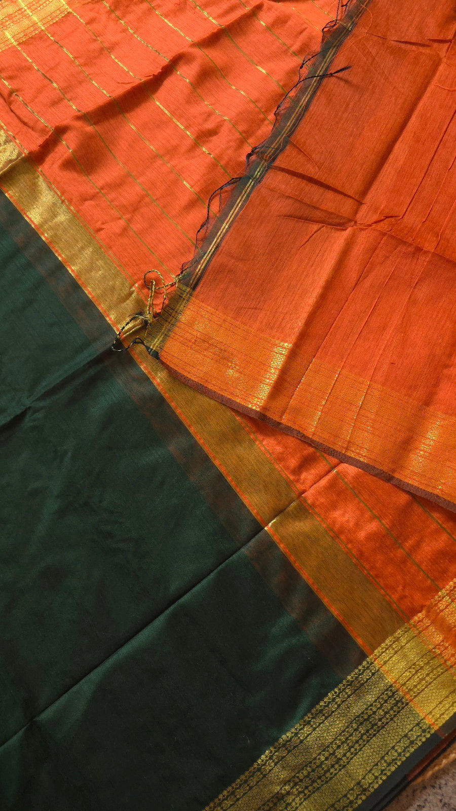 Dark Green Maheshwari-Style Cotton Silk Saree with Orange Pallu