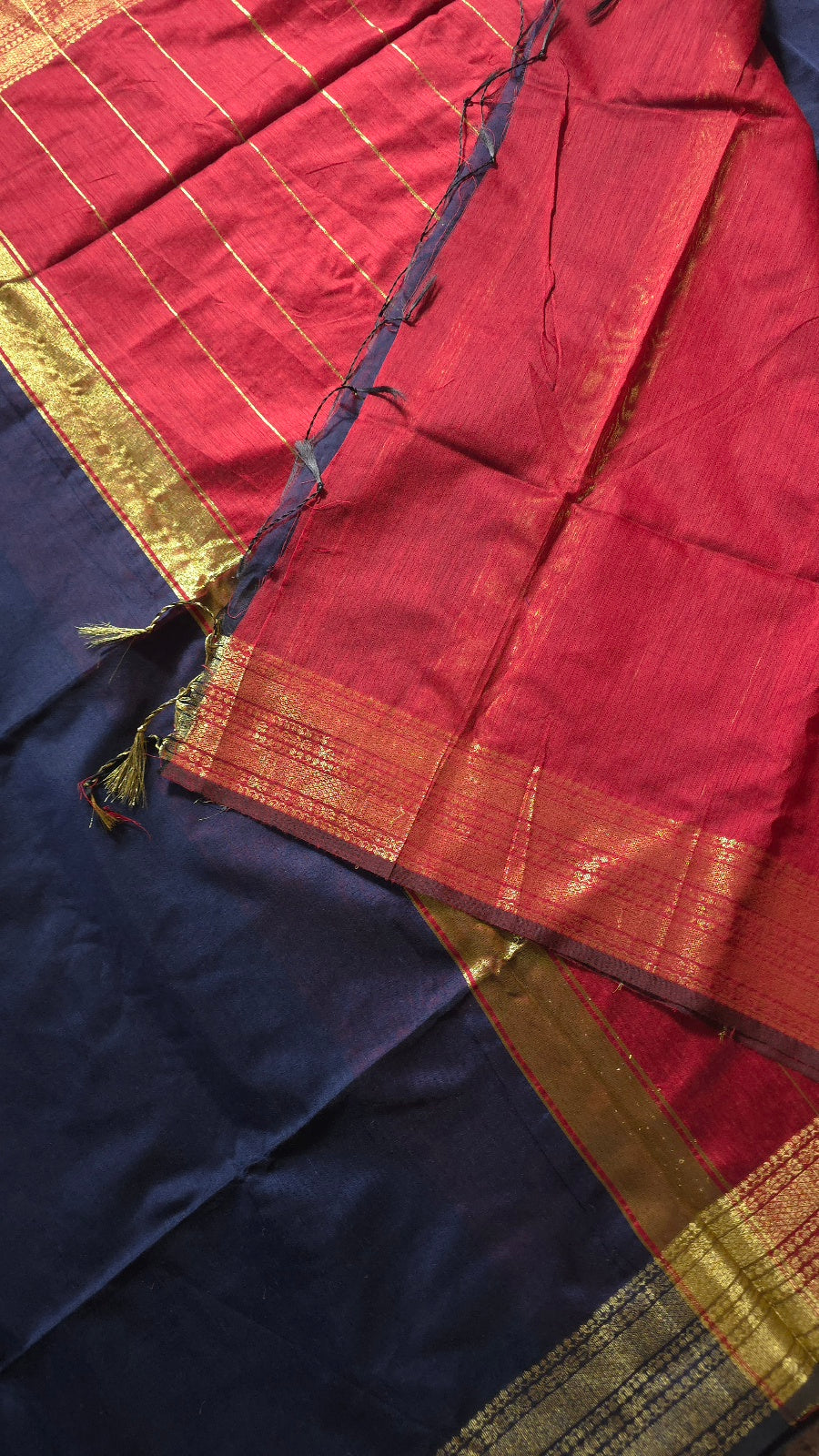 Navy Blue Maheshwari-Style Cotton Silk Saree with Red Pallu