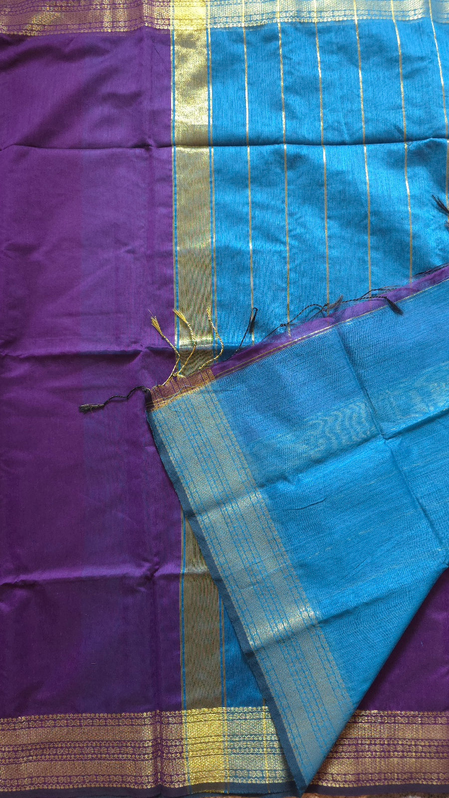 Purple Maheshwari-Style Cotton Silk Saree with Turquoise Blue Pallu
