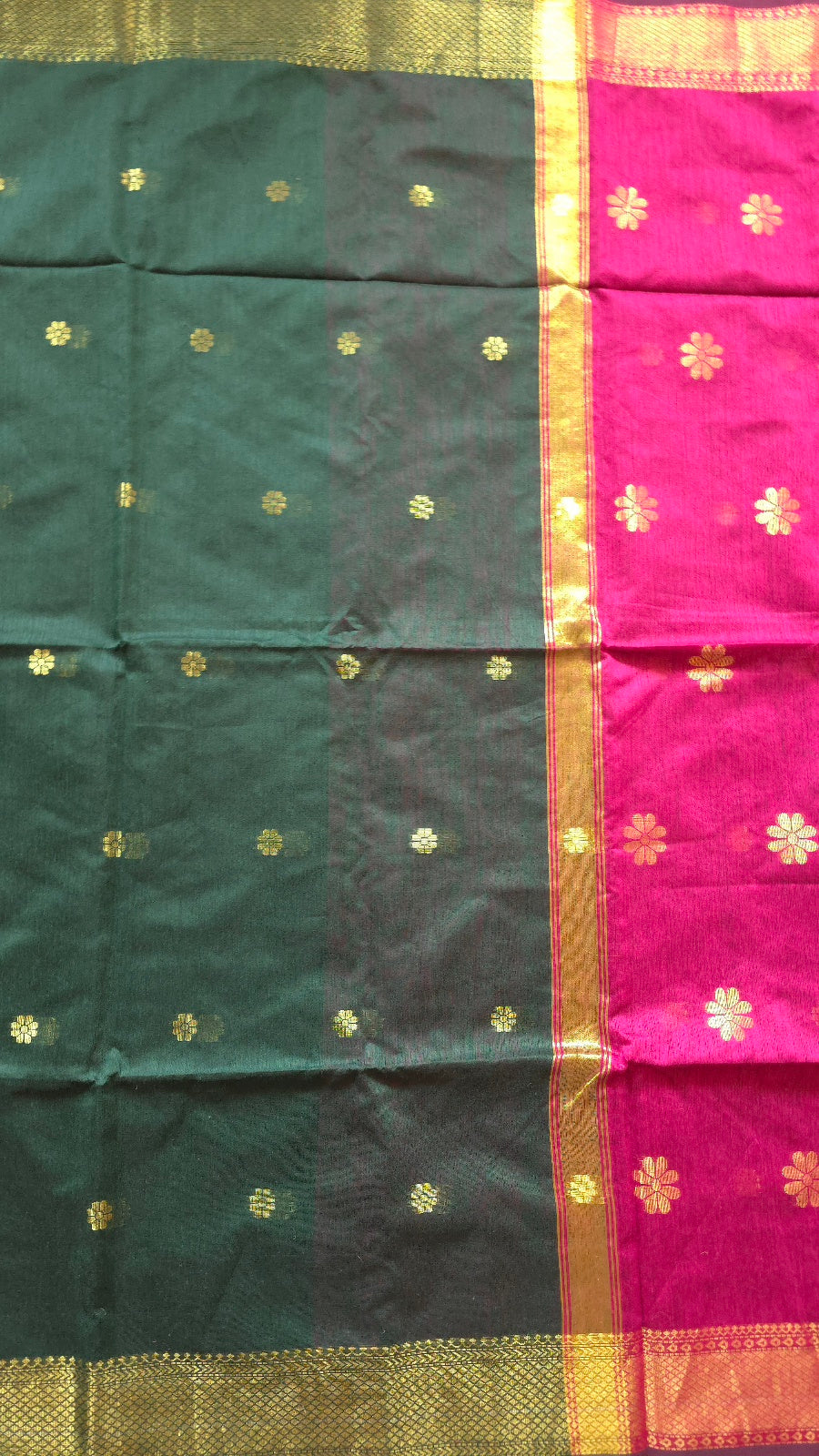 Green Maheshwari-Style Cotton Silk Saree with Magenta Pallu and Flower Butta