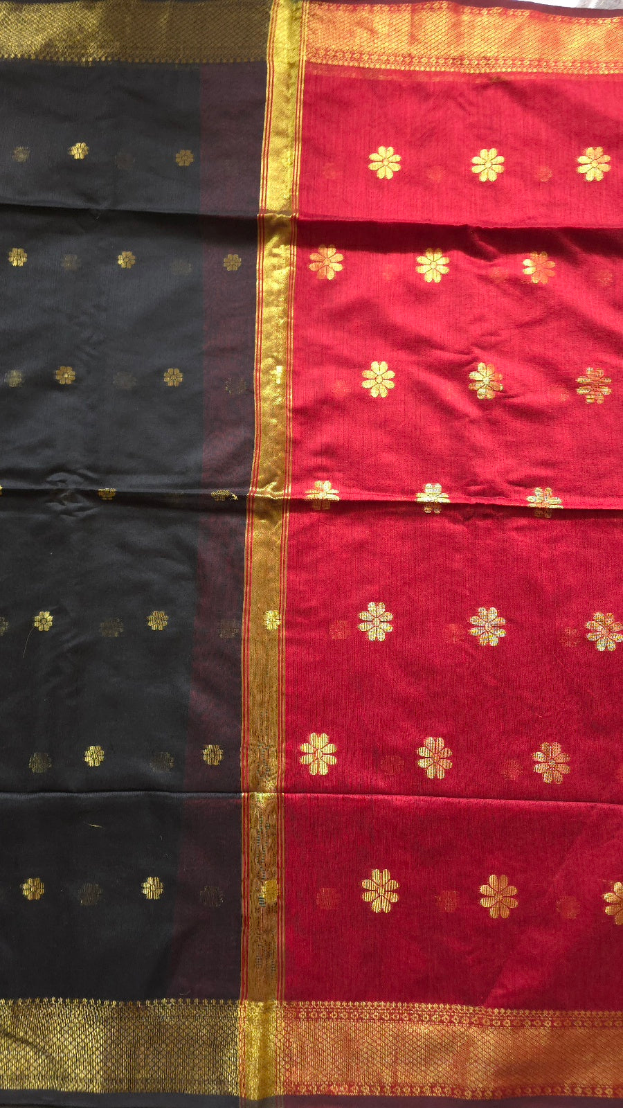 Black Maheshwari-Style Cotton Silk Saree with Red Pallu and Flower Butta