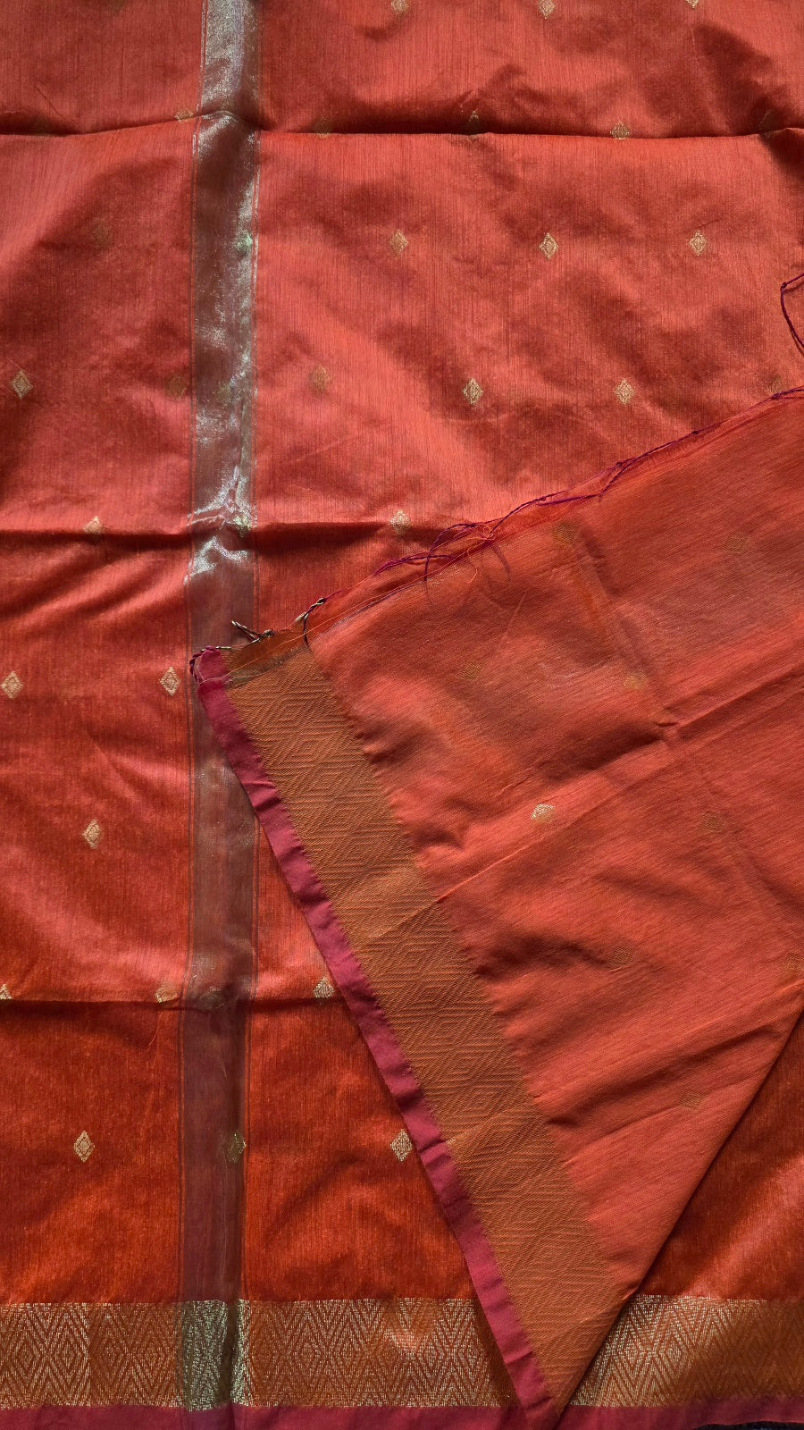 Bright Orange Maheshwari-Style Cotton Silk Saree with Gold Border and Butta