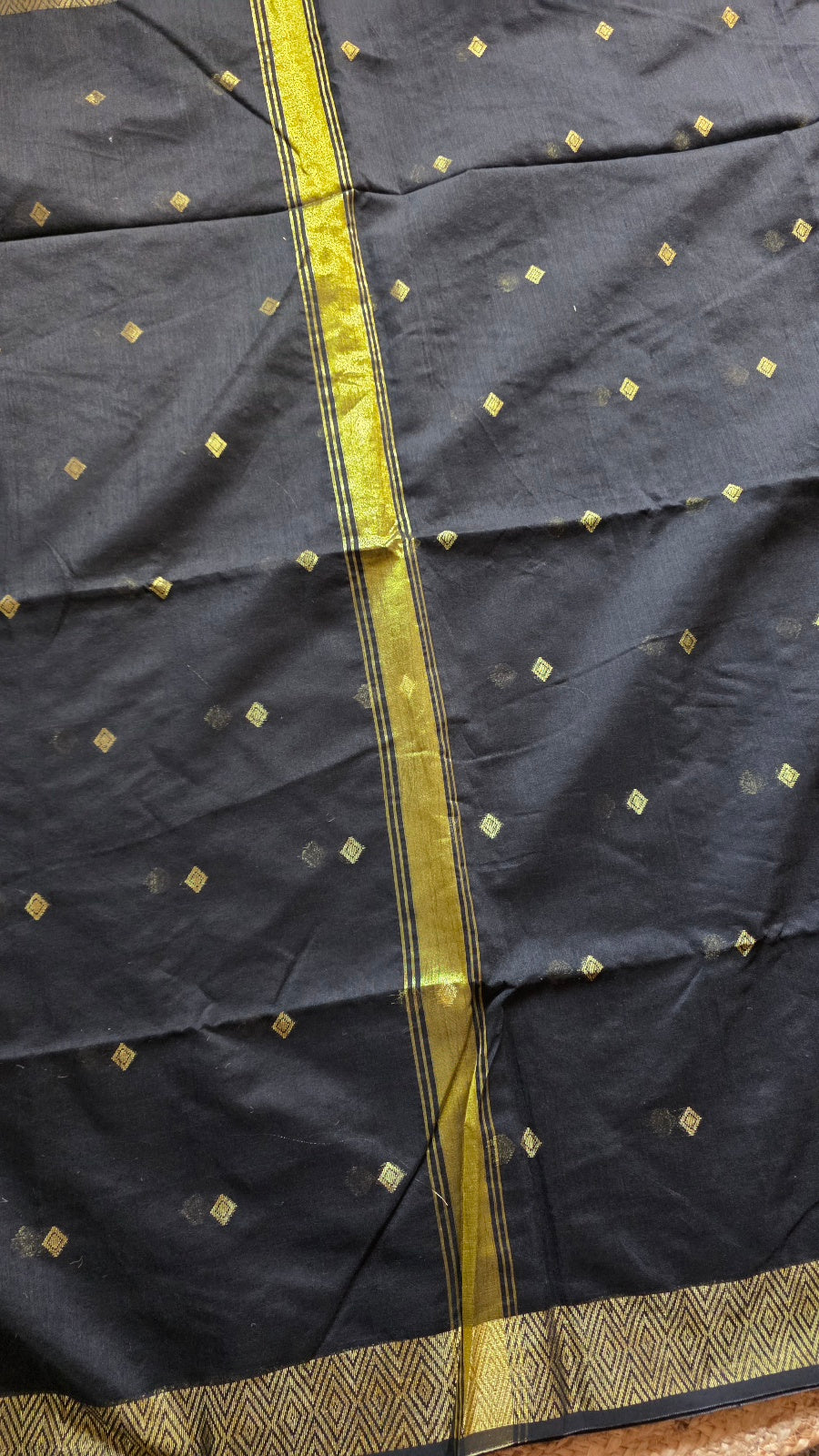 Black Maheshwari-Style Cotton Silk Saree with Gold Border and Butta
