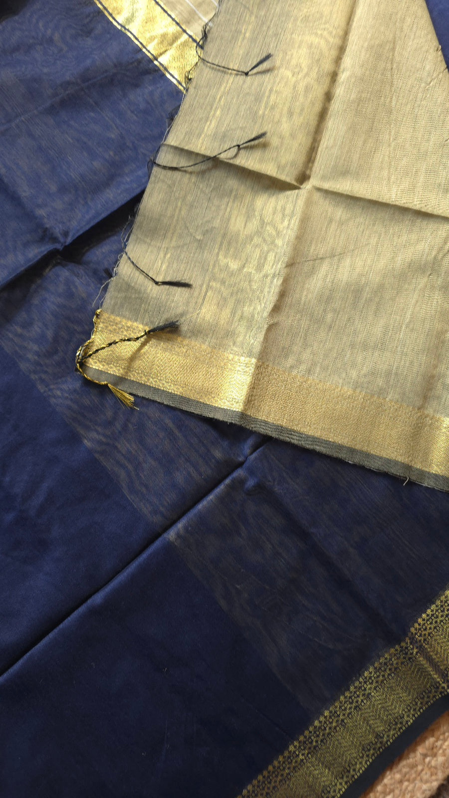 Navy Blue Maheshwari-Style Cotton Silk Saree with Gold Striped Pallu