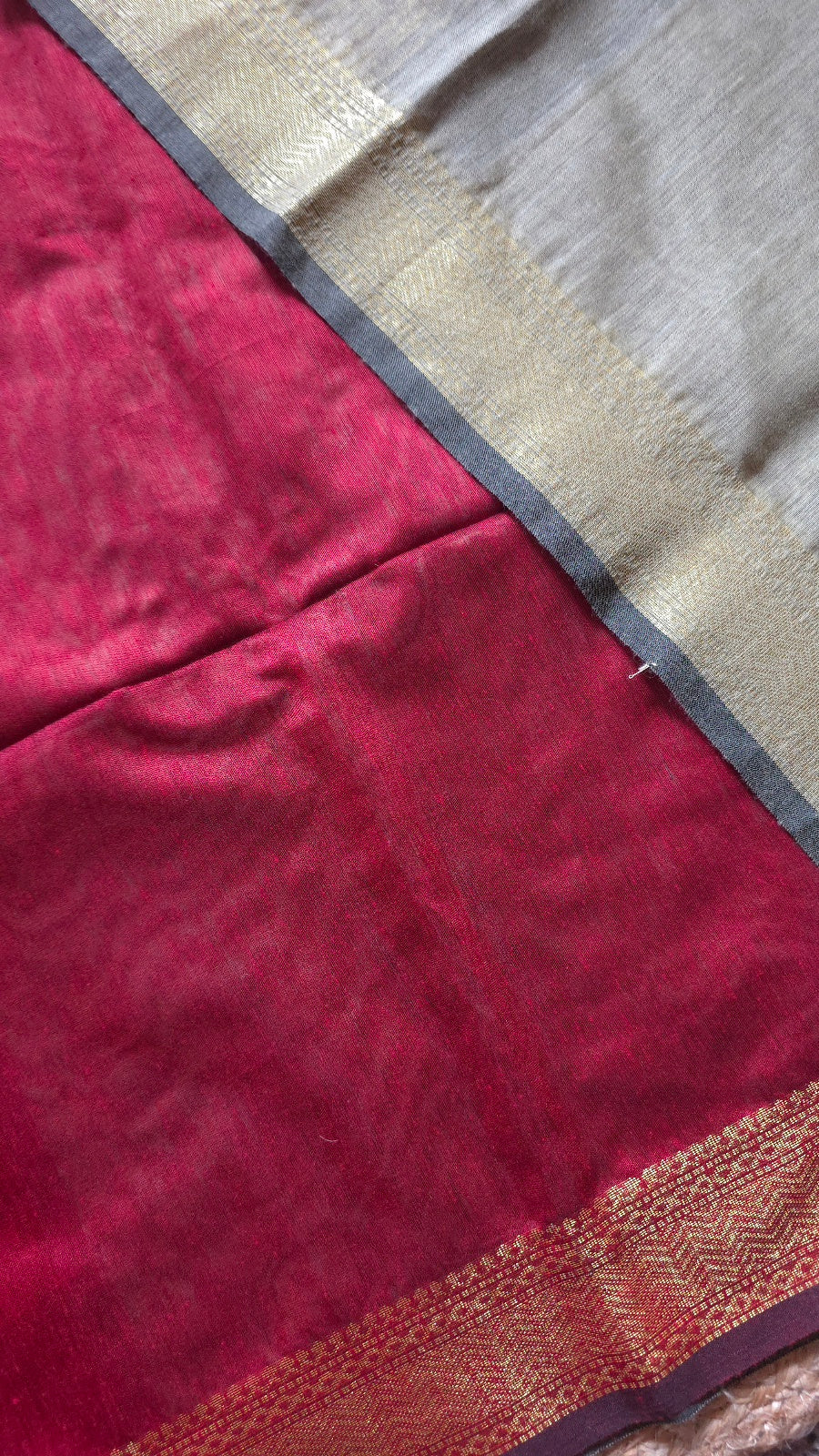 Red Maheshwari-Style Cotton Silk Saree with Black and Gold Striped Pallu
