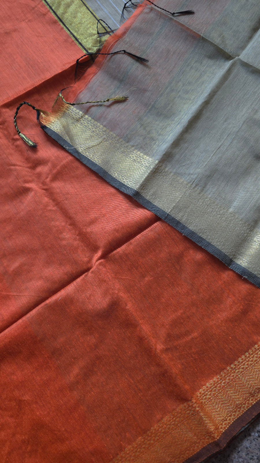 Orange Maheshwari-Style Cotton Silk Saree with Gold Striped Pallu