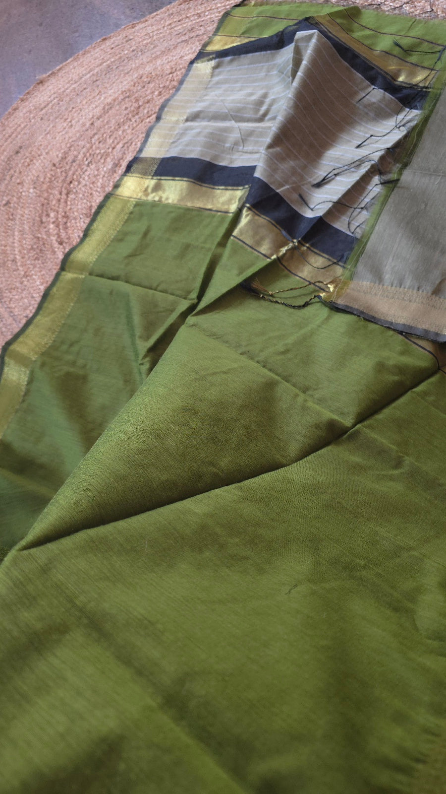 Olive Green Maheshwari-Style Cotton Silk Saree with Black and Gold Striped Pallu