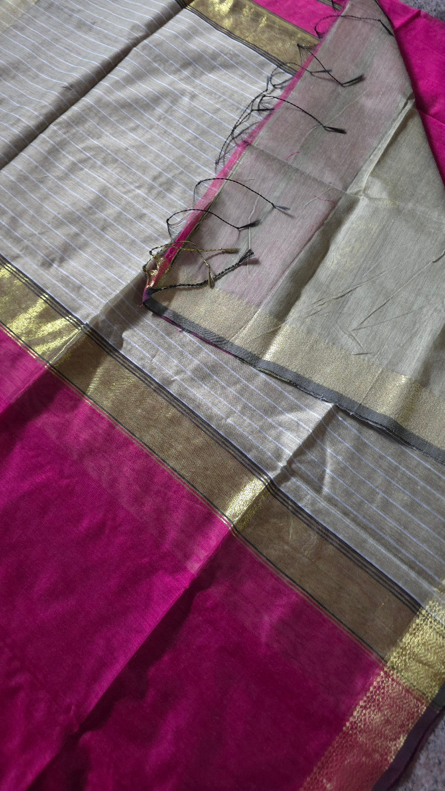 Pink Maheshwari-Style Cotton Silk Saree with Gold Striped Pallu