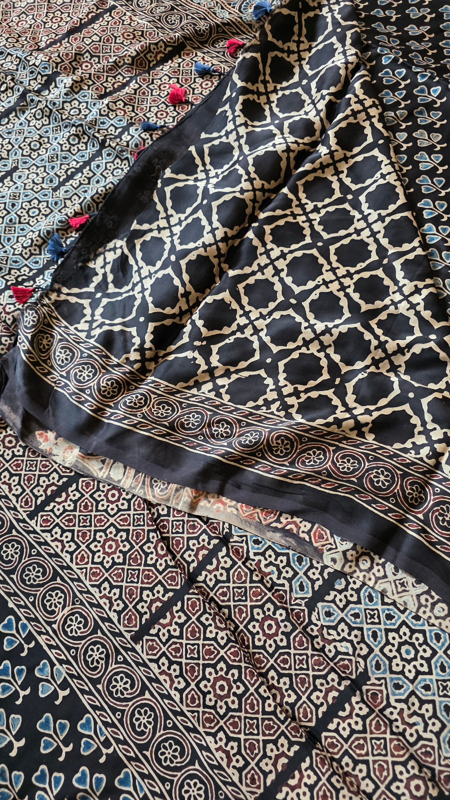 Black Ajrakh Modal Silk Saree – Hand-Block Printed in Kutch