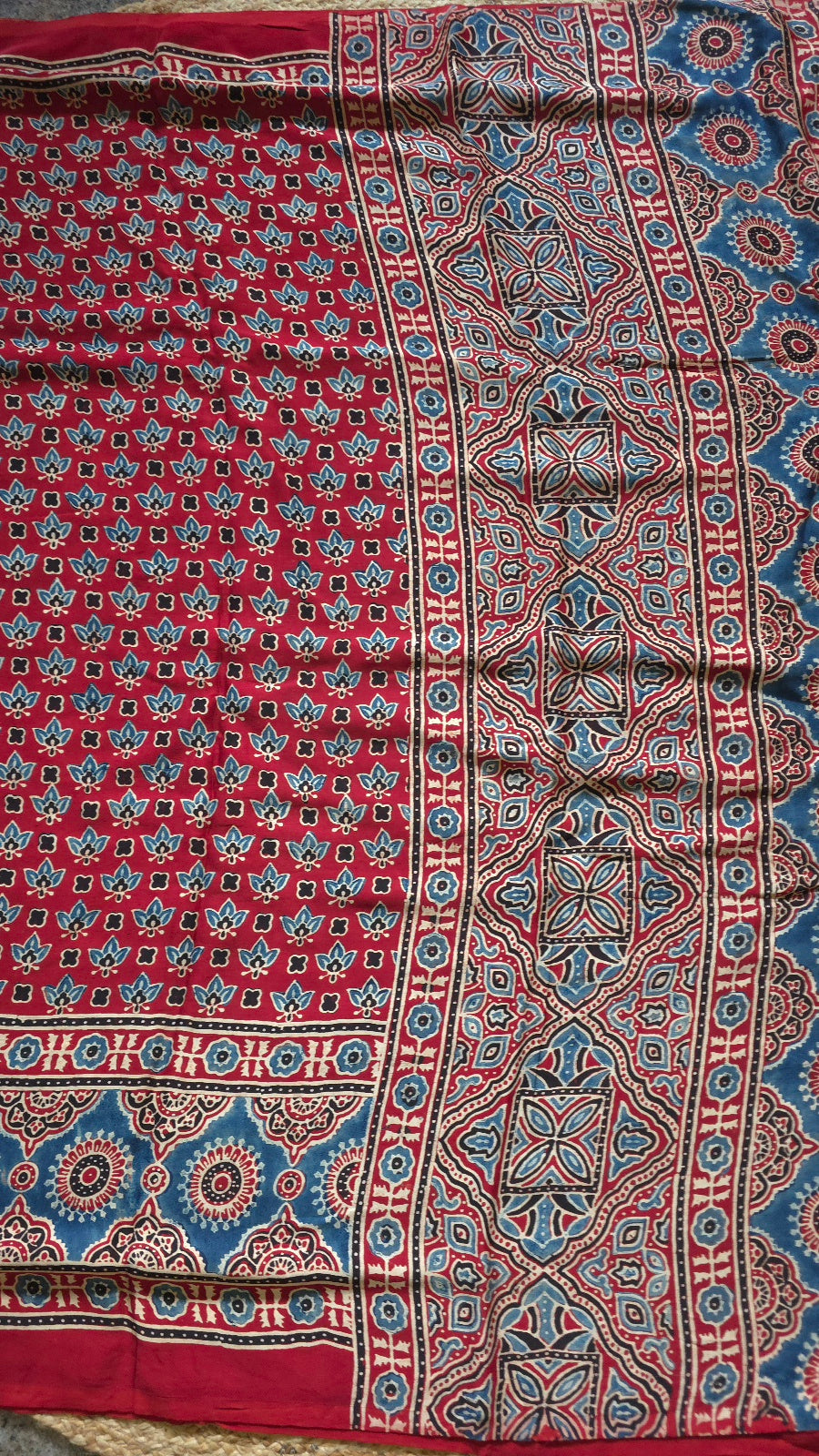 Red Ajrakh Modal Silk Saree with Blue Lotus Buttas – Hand-Block Printed in Kutch