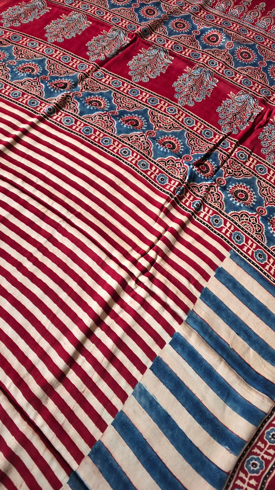 Red and Blue Striped Ajrakh Modal Silk Saree – Hand-Block Printed in Kutch
