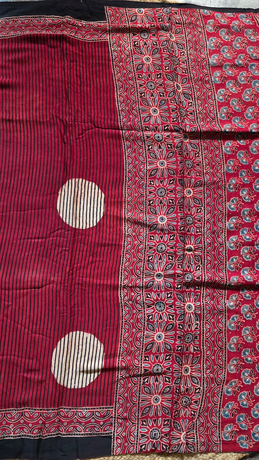 Red Pinstripe Ajrakh Modal Silk Saree with Off-White Circles – Hand-Block Printed in Kutch