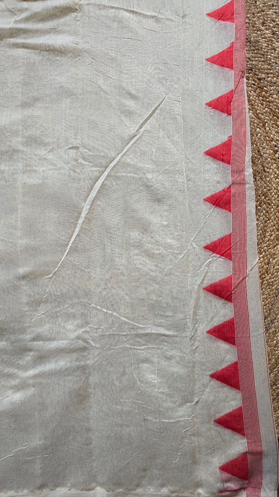 Off-White Jamdani-Style Saree with Red Temple Border