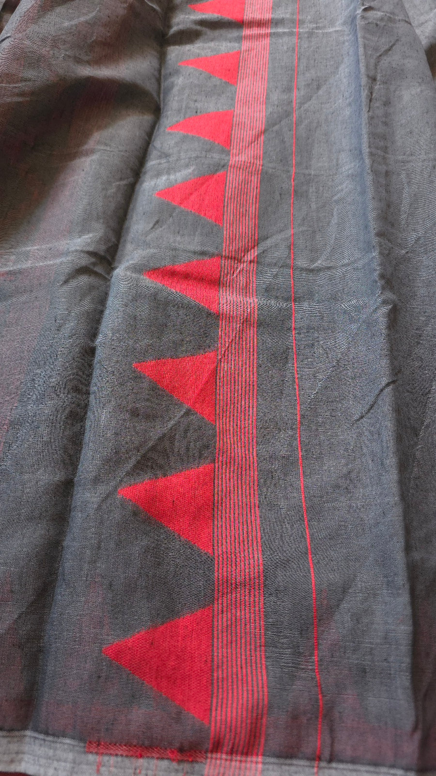 Grey Jamdani-Style Saree with Red Temple Border and Striped Pallu