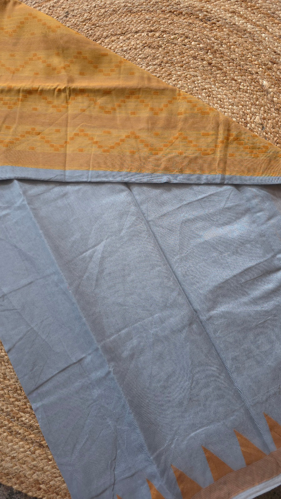Silver Grey Jamdani-Style Saree with Mustard Pallu and Temple Border