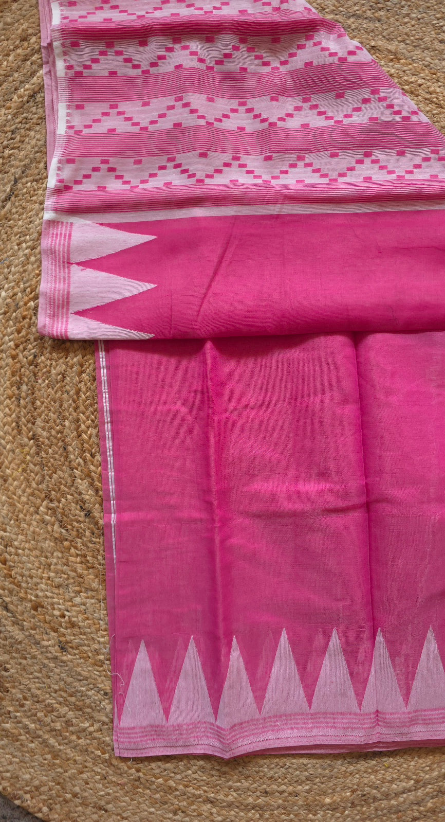 Rose Pink Jamdani-Style Saree with White Temple Border and Striped Pallu