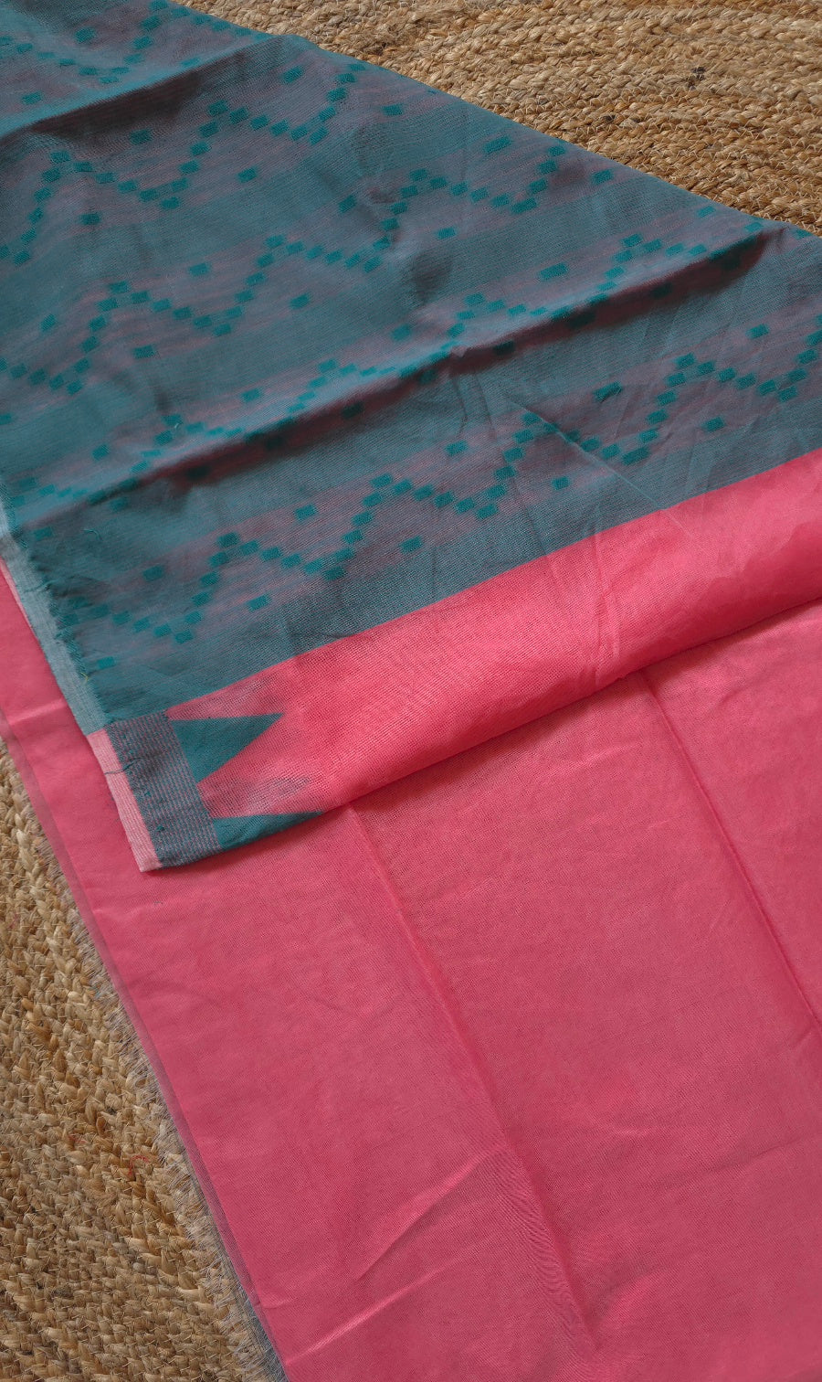 Coral Pink Jamdani-Style Saree with Teal Pallu and Temple Border
