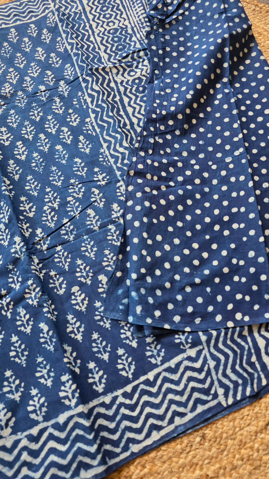 Indigo Blue Hand-Block Printed Cotton Saree with Floral Buttas and Zigzag Border