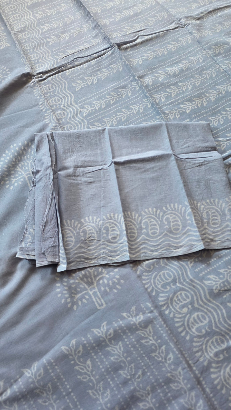 Greyish Blue Hand-Block Printed Cotton Saree with Tree of Life Motifs and Paisley Border