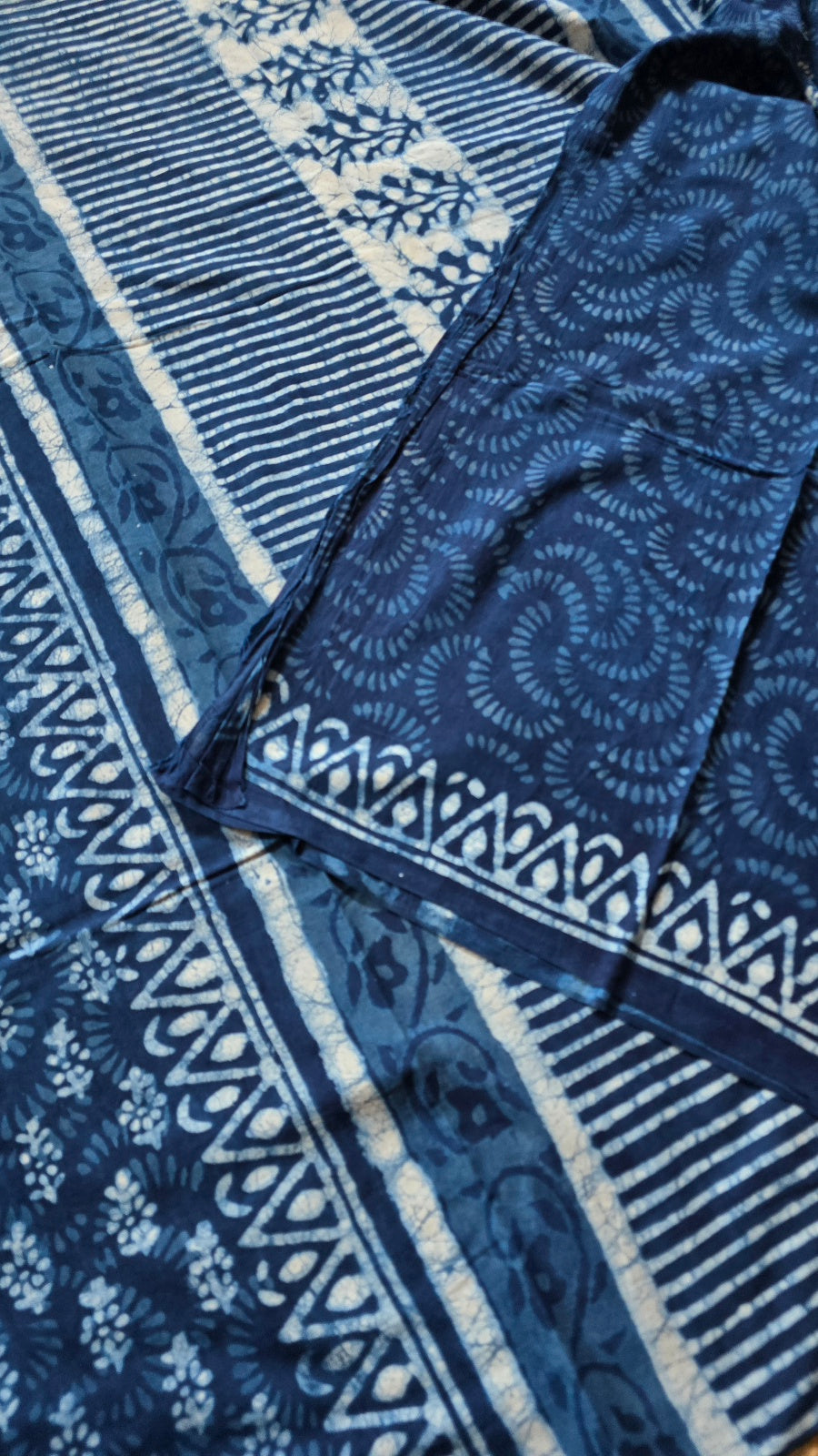 Indigo Blue Hand-Block Printed Cotton Saree with Swirl Buttas and Pinstripe Pallu