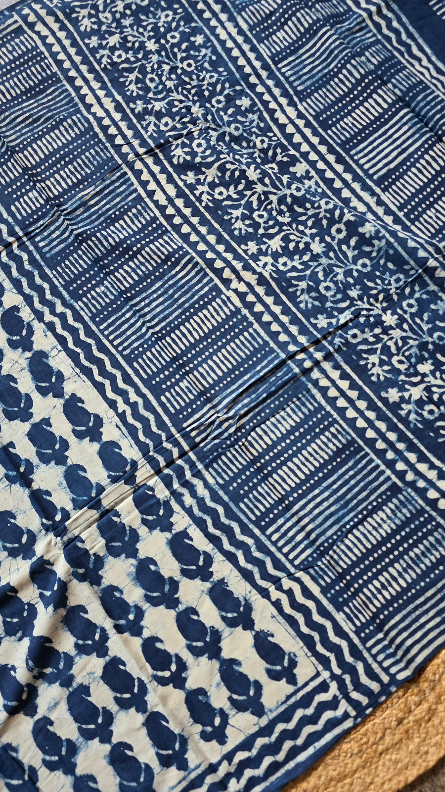 Off-White Hand-Block Printed Cotton Saree with Indigo Paisley Buttas