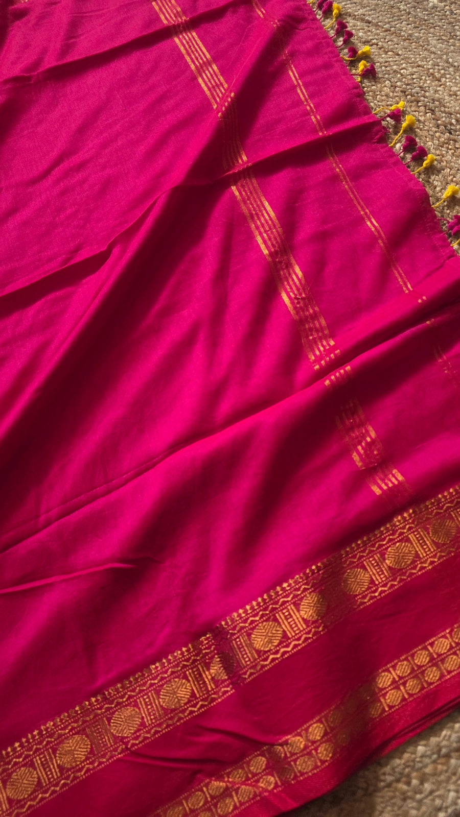 Rani Pink Kanchipuram Handloom Cotton Saree with Gold Thread Border