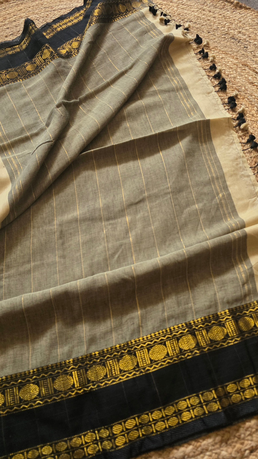 Cream Kanchipuram Handloom Cotton Saree with Grey Striped Pallu and Black Border