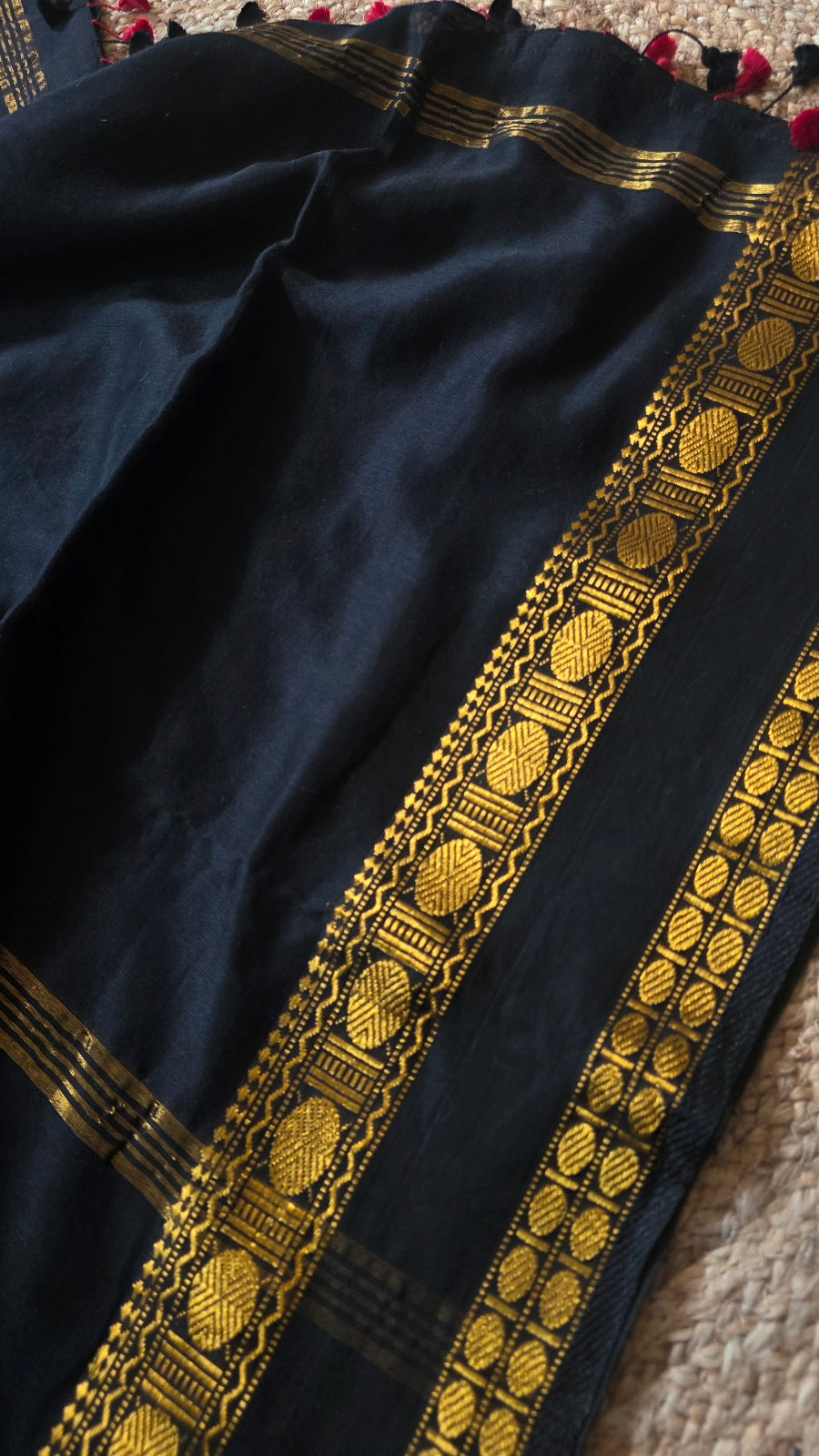Black Kanchipuram Handloom Cotton Saree with Gold Thread Border