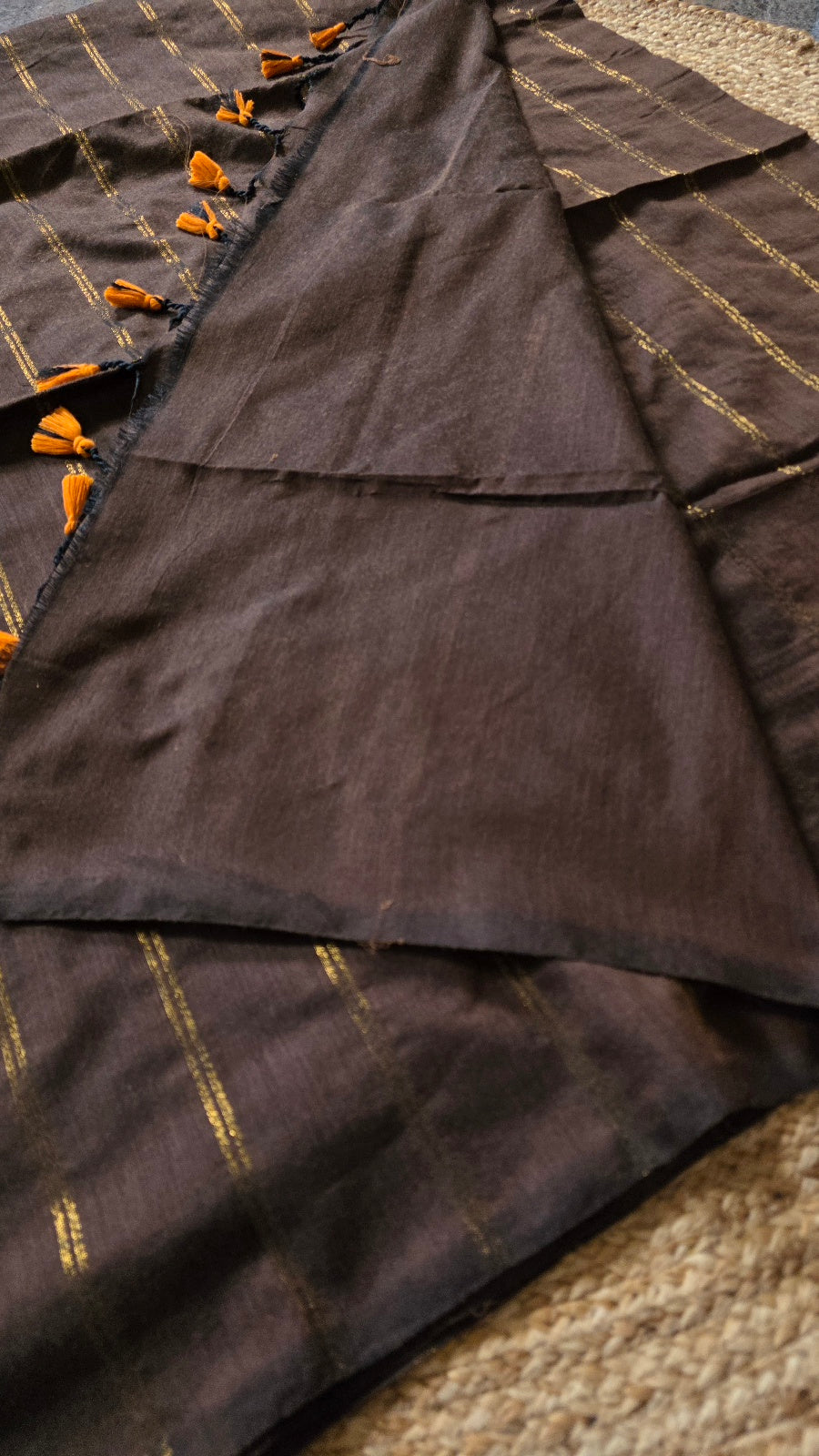 Dark Brown Khadi Cotton Saree with Bronze Zari Stripes and Mustard Tassels