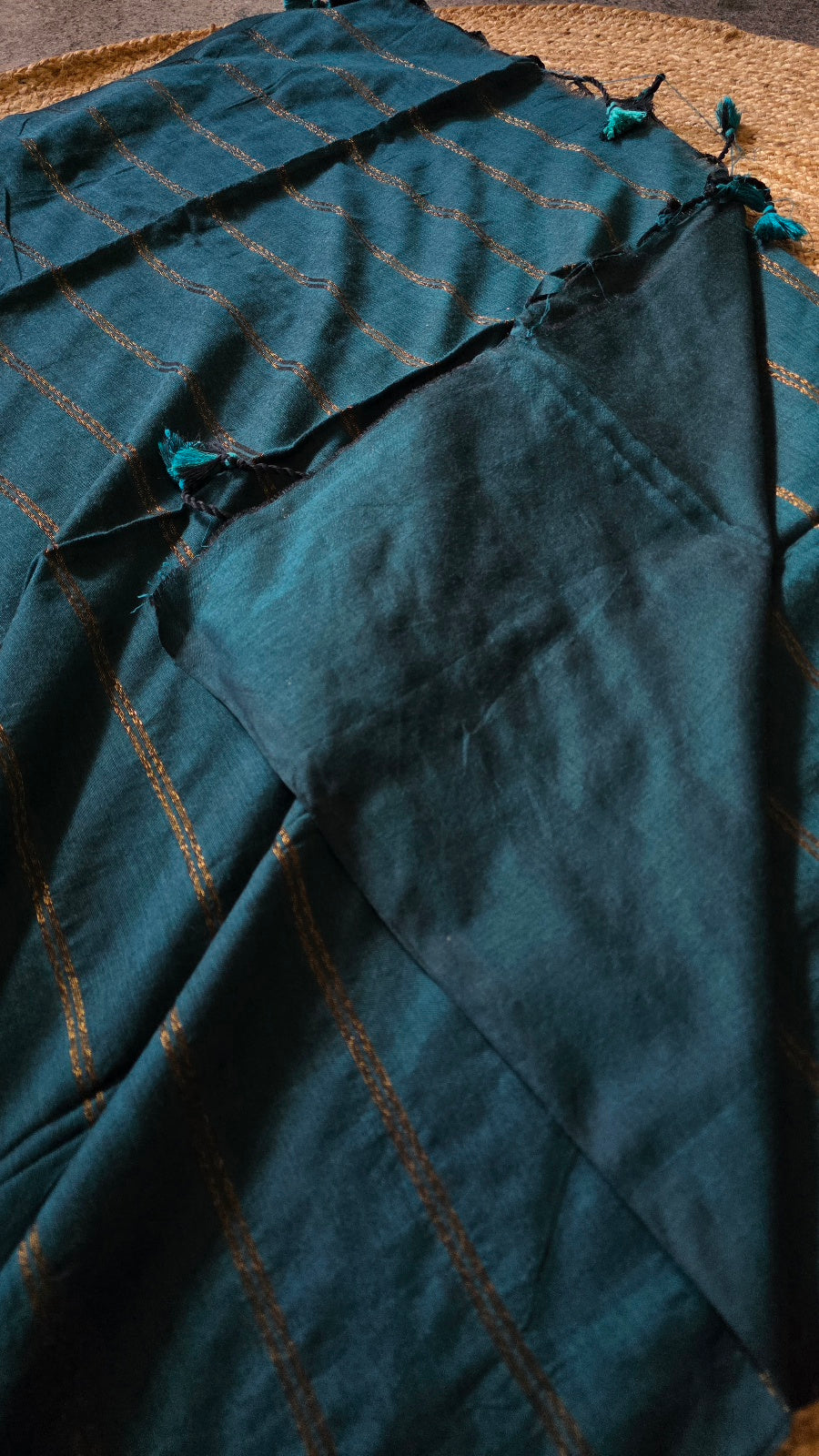 Teal Khadi Cotton Saree with Bronze Zari Stripes and Tassel Pallu