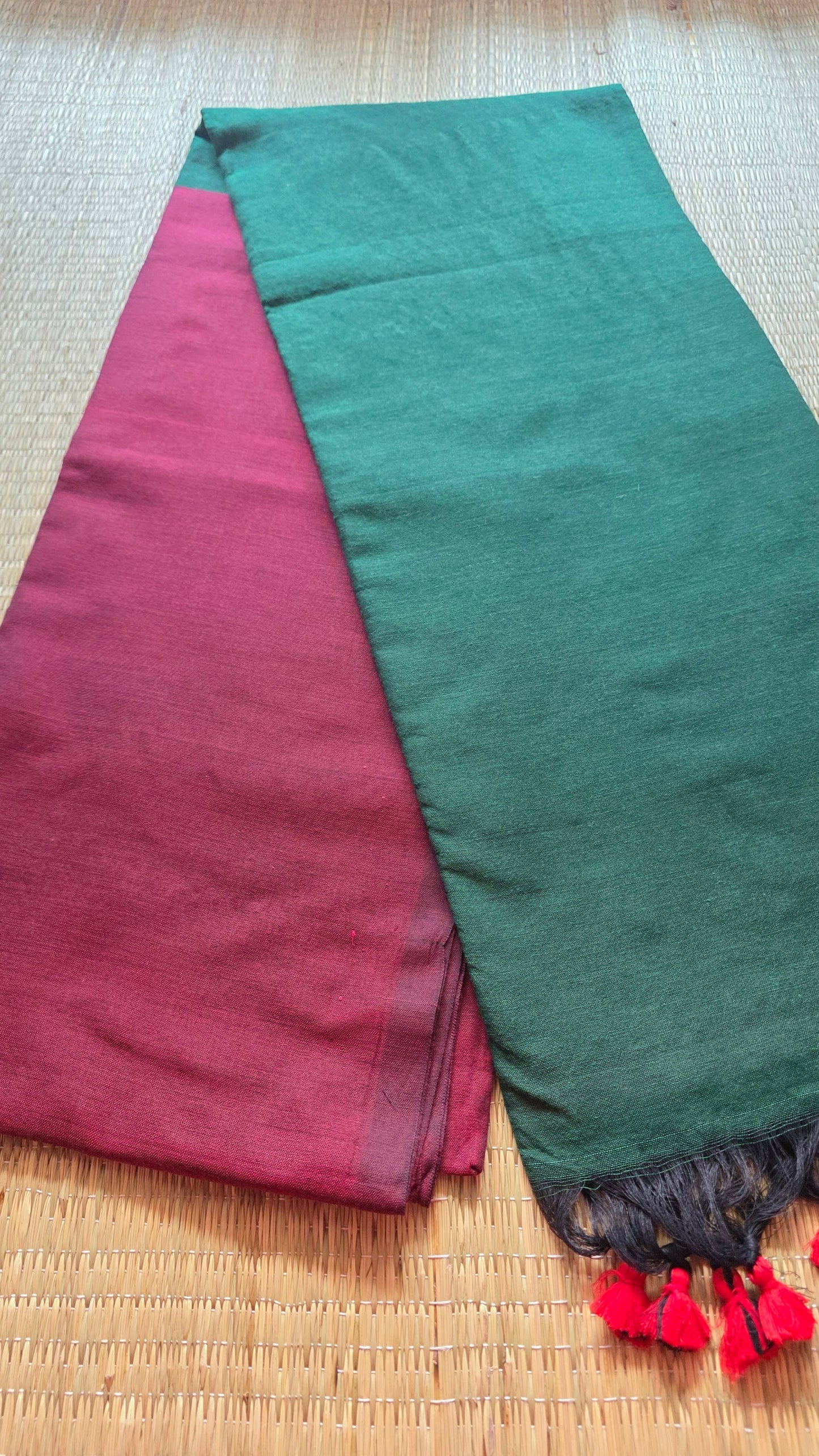 Maroon- Green Khadi Cotton Saree