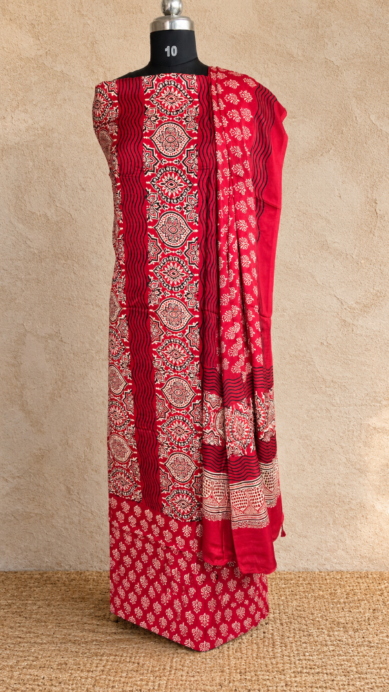 Red Ajrakh Modal Silk Dress Material with Medallion Panel and Leaf Buttas – Hand-Block Printed in Kutch (3 Piece)
