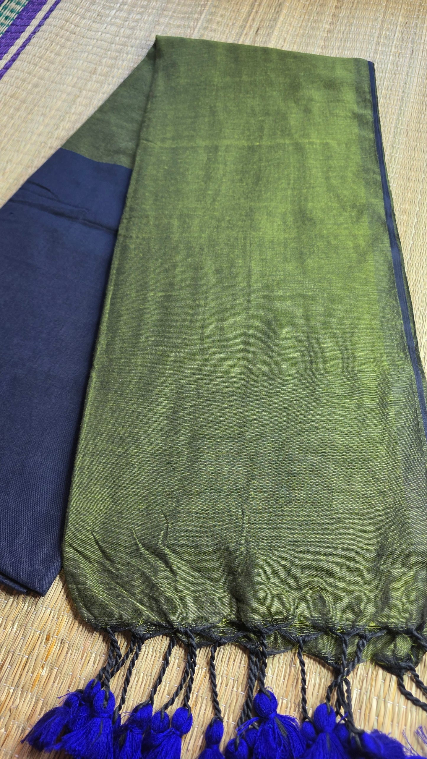 Navy Blue- Green Khadi Cotton Saree